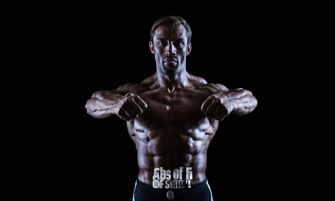 High-resolution digital photograph thumbnail featuring a bodybuilder pointing to his abs against a black background, with 'Abs of Steel!' text overlay.