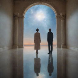 A man standing before a massive mirror, the ethereal image of his departed wife reflected against a celestial, heavenly backdrop.