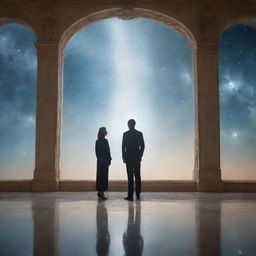 A man standing before a massive mirror, the ethereal image of his departed wife reflected against a celestial, heavenly backdrop.