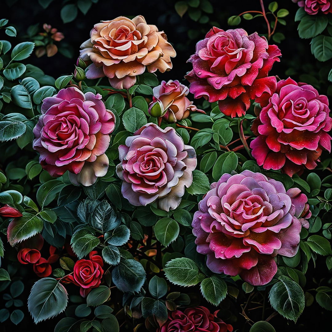 A nature photograph showcasing a cluster of ultra-realistic roses in various stages of bloom, surrounded by verdant foliage under the soft glow of natural light.