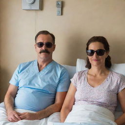 A man with sunglasses and a mustache sitting vigilantly beside his wife's hospital bed displaying a resilient profile of hope and love.