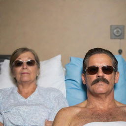 A man with sunglasses and a mustache sitting vigilantly beside his wife's hospital bed displaying a resilient profile of hope and love.