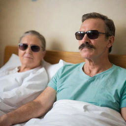 A man with sunglasses and a mustache sitting vigilantly beside his wife's hospital bed displaying a resilient profile of hope and love.