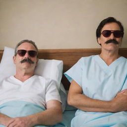 A man with sunglasses and a mustache sitting vigilantly beside his wife's hospital bed displaying a resilient profile of hope and love.