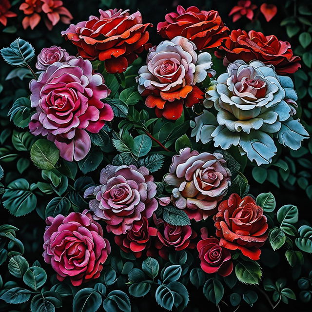 A nature photograph showcasing a cluster of ultra-realistic roses in various stages of bloom, surrounded by verdant foliage under the soft glow of natural light.