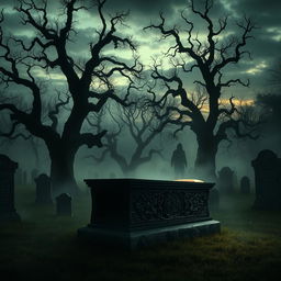 A dark and eerie setting for a suspense horror fantasy scene inspired by the title 'Coffin Mystery Chronicles'