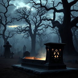 A dark and eerie setting for a suspense horror fantasy scene inspired by the title 'Coffin Mystery Chronicles'