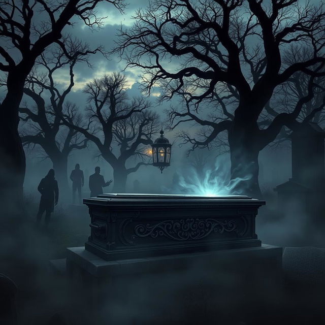 A dark and eerie setting for a suspense horror fantasy scene inspired by the title 'Coffin Mystery Chronicles'