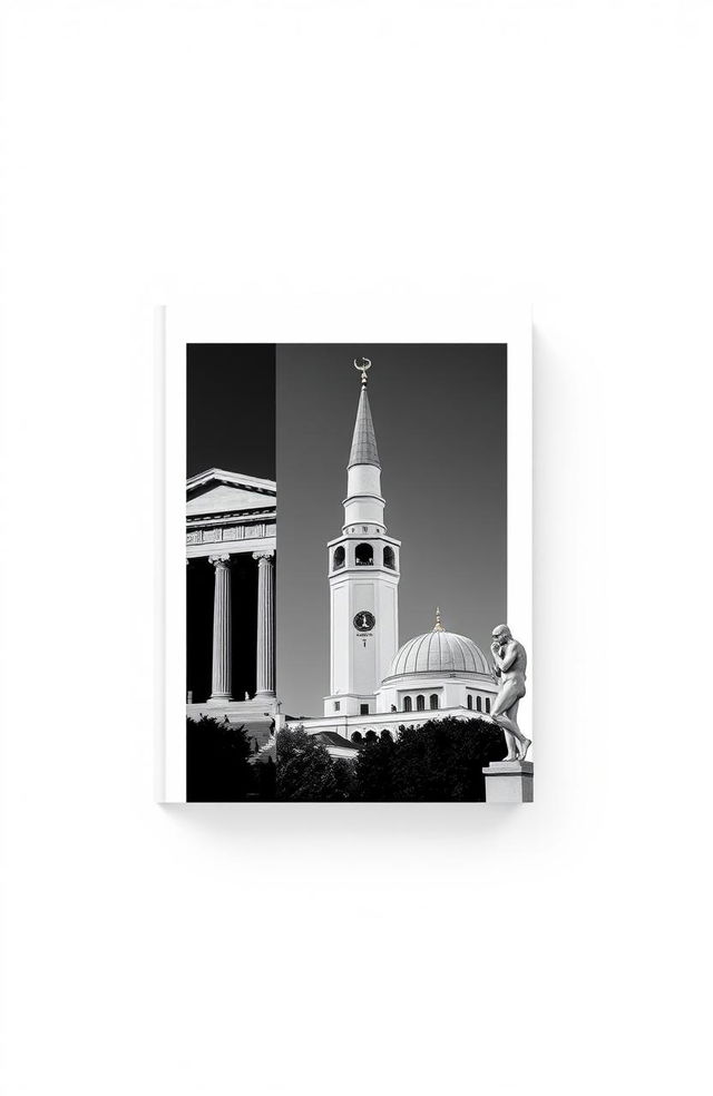 A minimalistic black and white book cover design featuring three images: the ancient Agora of Athens, the minaret of Jondy Shapor University in Iran, and the statue of 'Le Penseur'