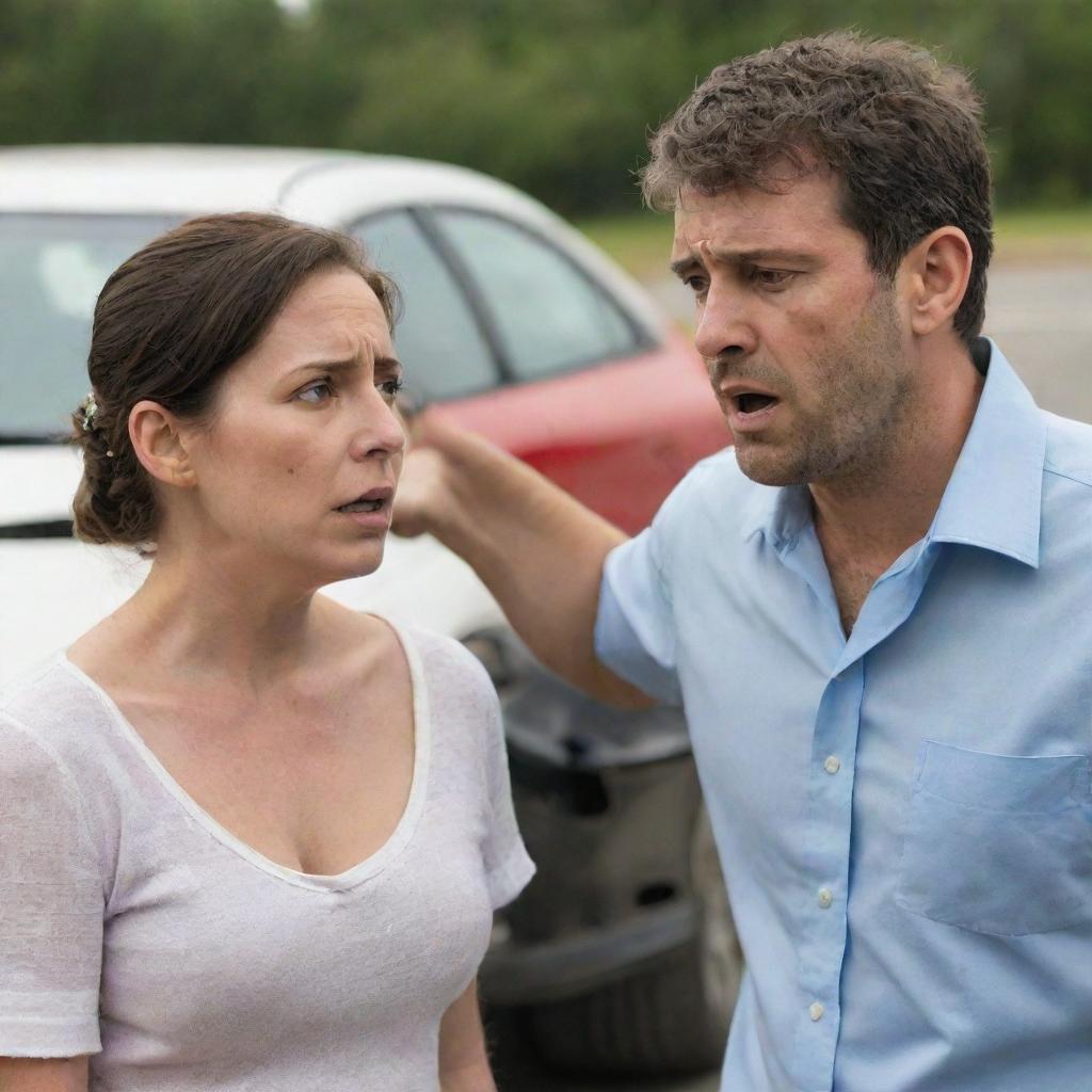 A man standing behind his wife who's been involved in a car accident, witnessing the scene with a mixture of shock and concern.