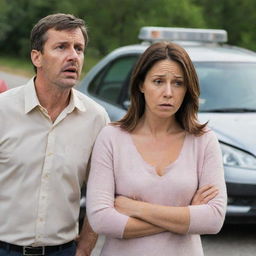 A man standing behind his wife who's been involved in a car accident, witnessing the scene with a mixture of shock and concern.