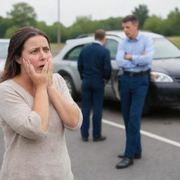 A man standing behind his wife who's been involved in a car accident, witnessing the scene with a mixture of shock and concern.