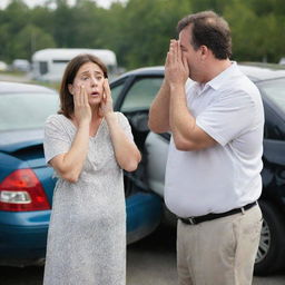 A man standing behind his wife who's been involved in a car accident, witnessing the scene with a mixture of shock and concern.