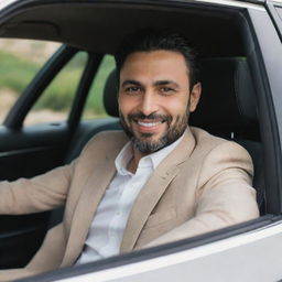 A man named Moein comfortably seated inside a luxurious car, looking out of the car window with a gentle smile.