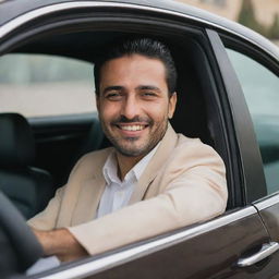 A man named Moein comfortably seated inside a luxurious car, looking out of the car window with a gentle smile.