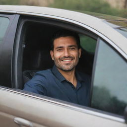 A man named Moein comfortably seated inside a luxurious car, looking out of the car window with a gentle smile.