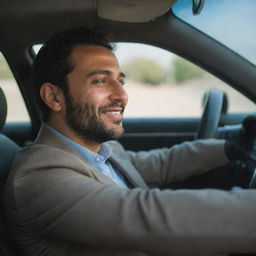 A man named Moein comfortably seated inside a luxurious car, looking out of the car window with a gentle smile.