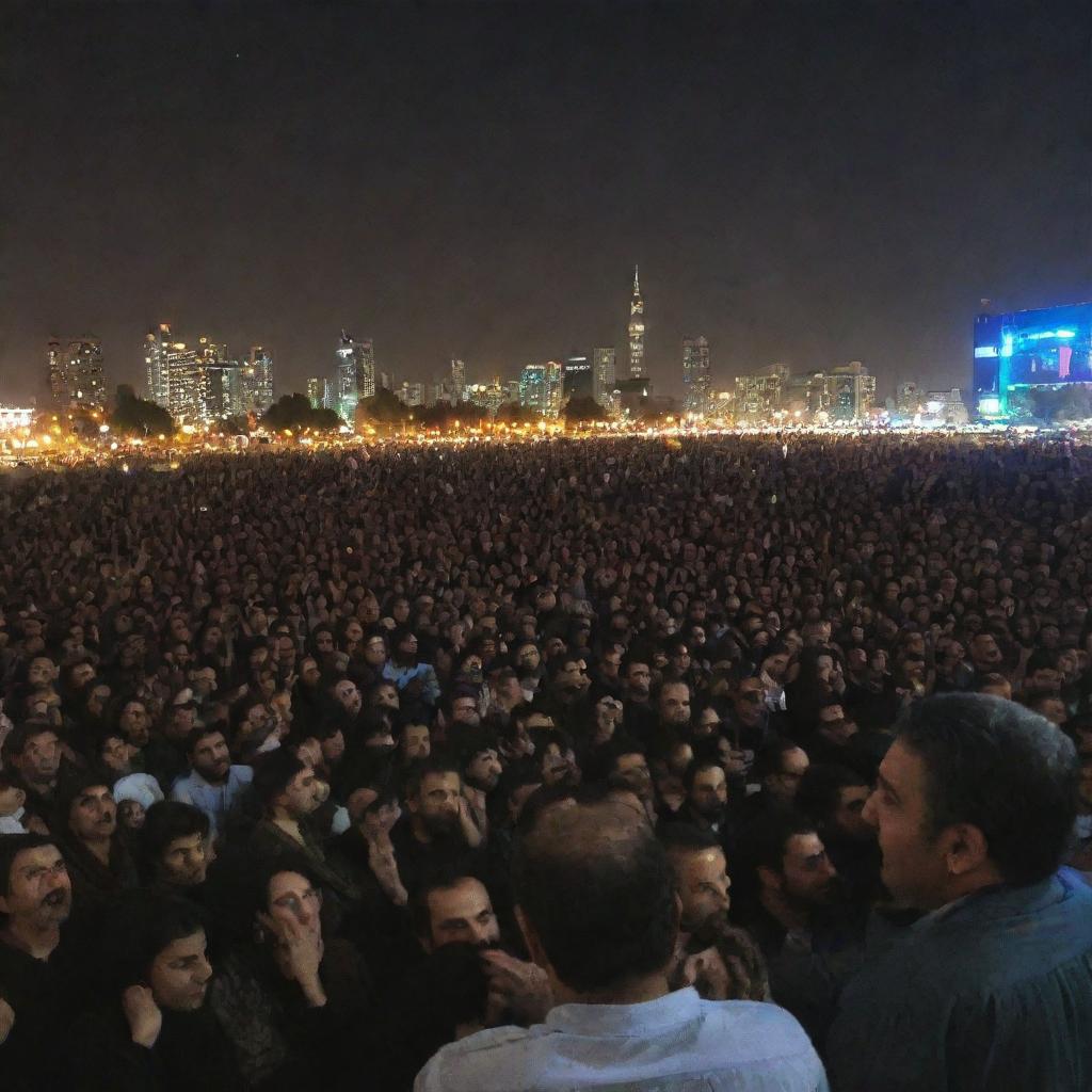 View from the stage of an older musician playing to a massive, energetic crowd in Tehran. The city's skyline backdrops an unforgettable night.