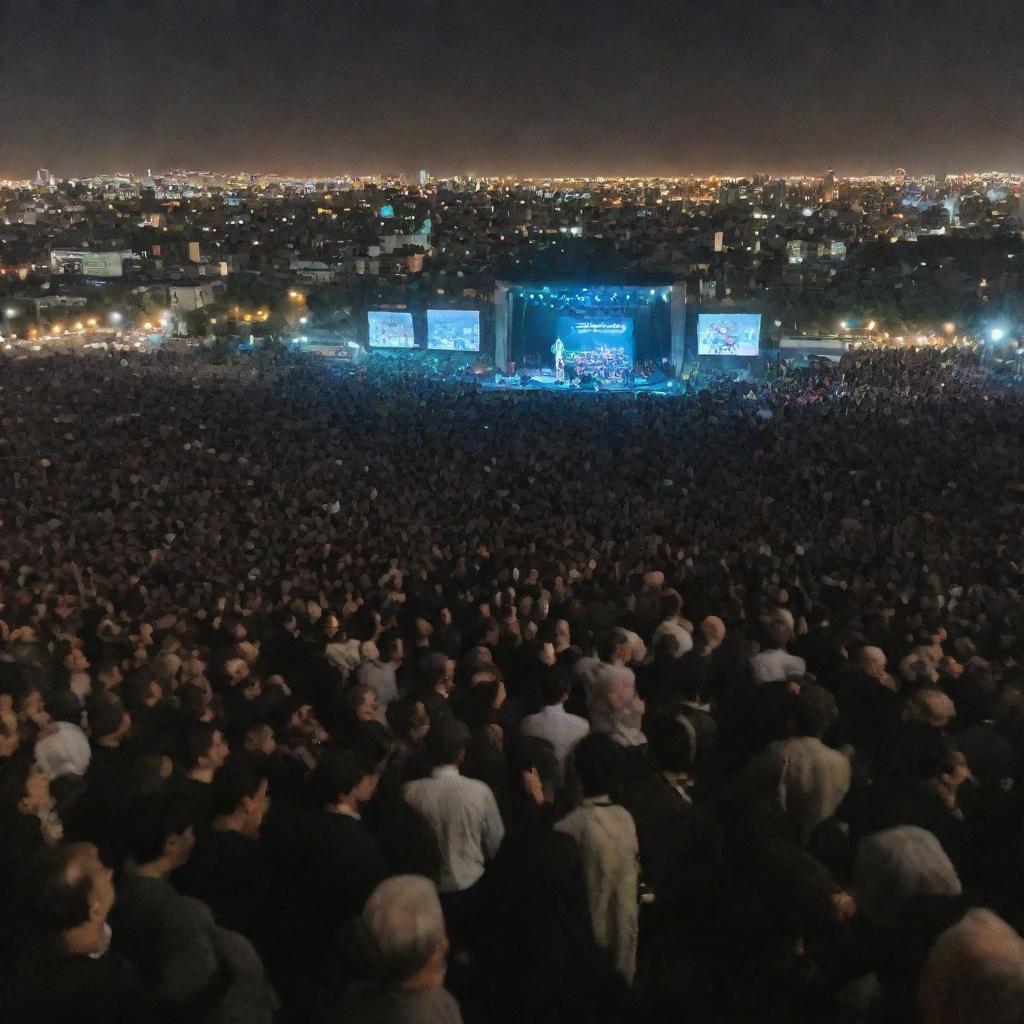 View from the stage of an older musician playing to a massive, energetic crowd in Tehran. The city's skyline backdrops an unforgettable night.