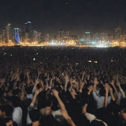 View from the stage of an older musician playing to a massive, energetic crowd in Tehran. The city's skyline backdrops an unforgettable night.