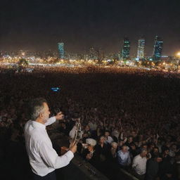 View from the stage of an older musician playing to a massive, energetic crowd in Tehran. The city's skyline backdrops an unforgettable night.