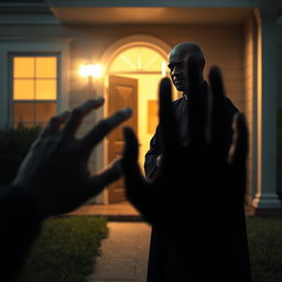 A heartwarming scene depicting a bald black priest standing outside a house