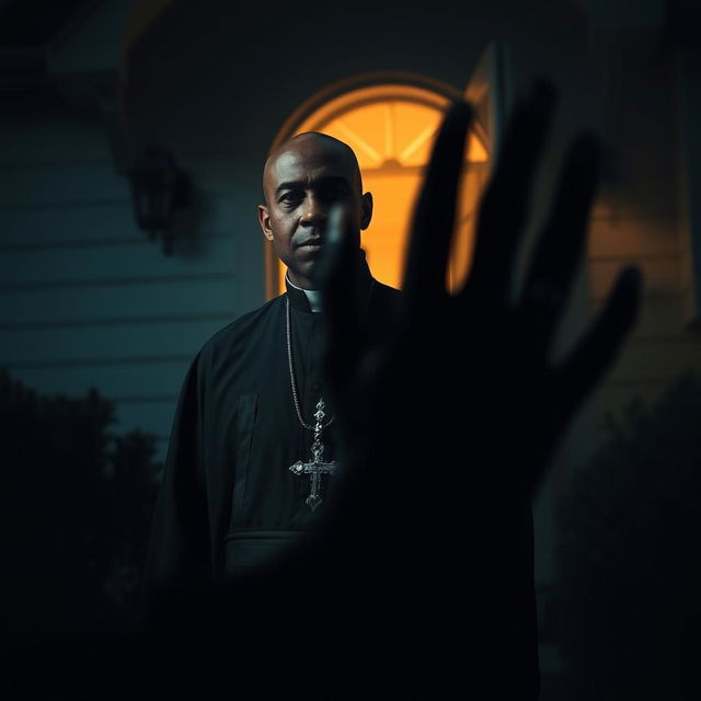 A heartwarming scene depicting a bald black priest standing outside a house