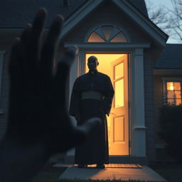 A heartwarming scene depicting a bald black priest standing outside a house