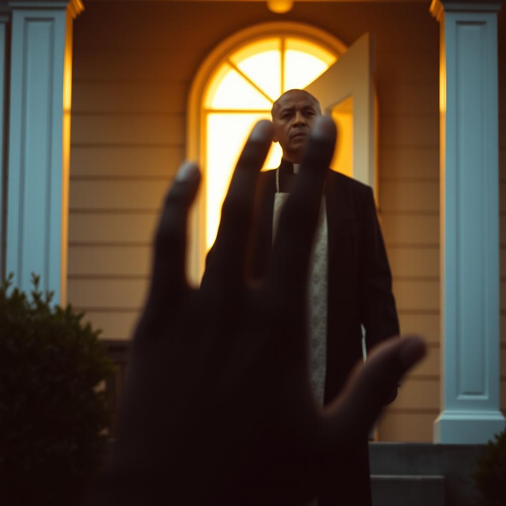 A heartwarming scene depicting a bald black priest standing outside a house