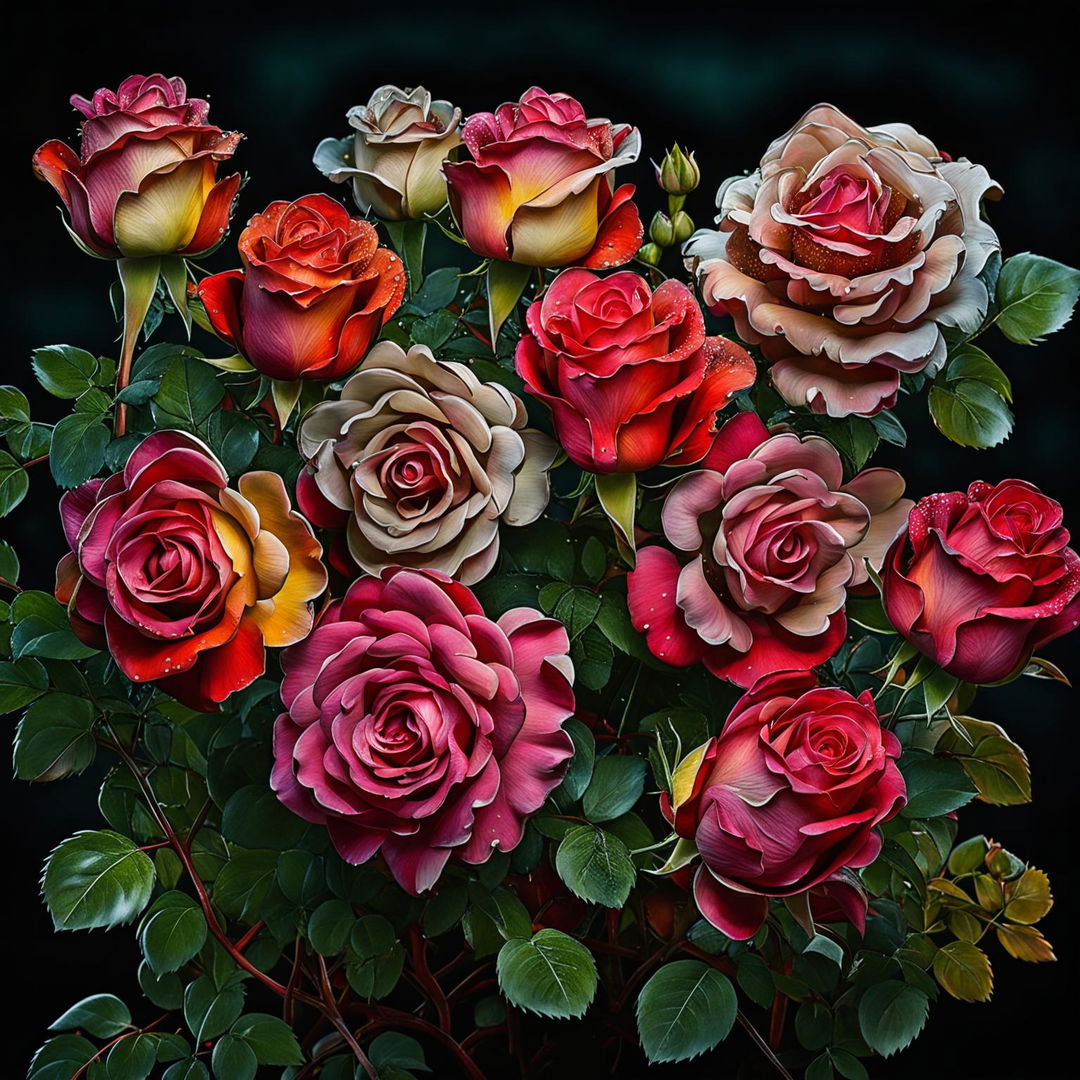 High-definition nature photography featuring a cluster of hyper-realistic roses in various stages of bloom, nestled within verdant foliage under the soft glow of natural light.