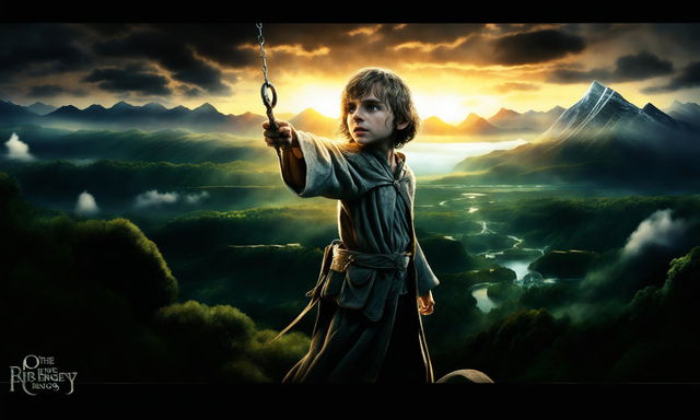 Digital art thumbnail featuring Frodo from Lord of the Rings in a dramatic pose, with 'The Ring Bearer's Journey' text overlay, and a mystical border.