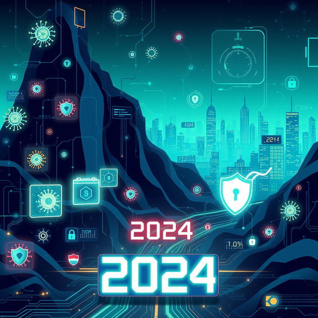 A futuristic illustration depicting the theme of cybersecurity in 2024, featuring a digital landscape filled with abstract representations of computer viruses and security measures