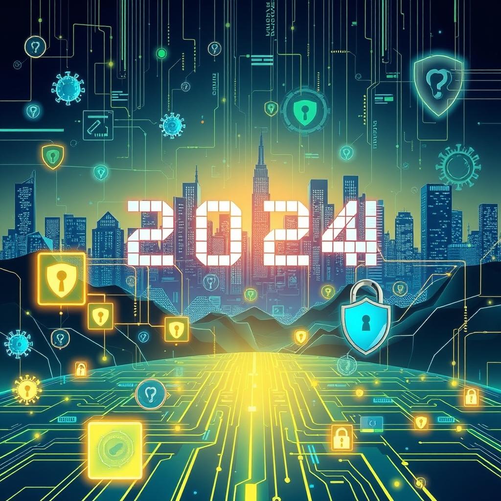 A futuristic illustration depicting the theme of cybersecurity in 2024, featuring a digital landscape filled with abstract representations of computer viruses and security measures