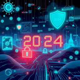 A futuristic illustration depicting the theme of cybersecurity in 2024, featuring a digital landscape filled with abstract representations of computer viruses and security measures