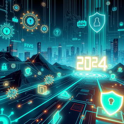 A futuristic illustration depicting the theme of cybersecurity in 2024, featuring a digital landscape filled with abstract representations of computer viruses and security measures