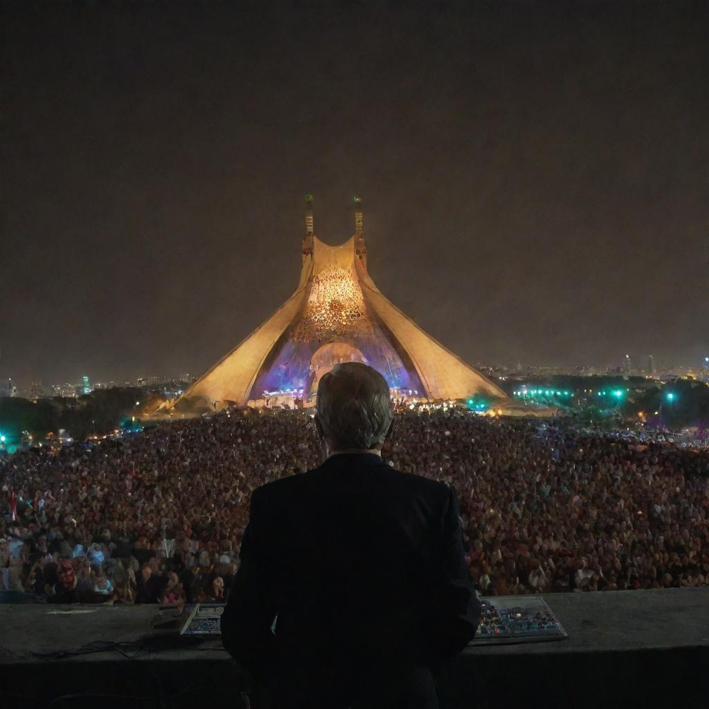 An older musician seen from behind on a concert stage, with the famous Azadi Tower in Tehran visible in the background, as he enthralls a massive crowd under the evening sky.