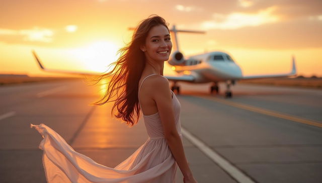 A beautiful young woman posing confidently on an airplane runway, dressed in a stylish, flowing dress that catches the wind