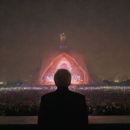 An older musician seen from behind on a concert stage, with the famous Azadi Tower in Tehran visible in the background, as he enthralls a massive crowd under the evening sky.