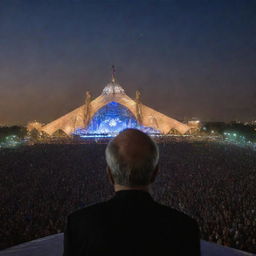 An older musician seen from behind on a concert stage, with the famous Azadi Tower in Tehran visible in the background, as he enthralls a massive crowd under the evening sky.