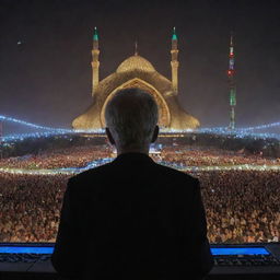 An older musician seen from behind on a concert stage, with the famous Azadi Tower in Tehran visible in the background, as he enthralls a massive crowd under the evening sky.