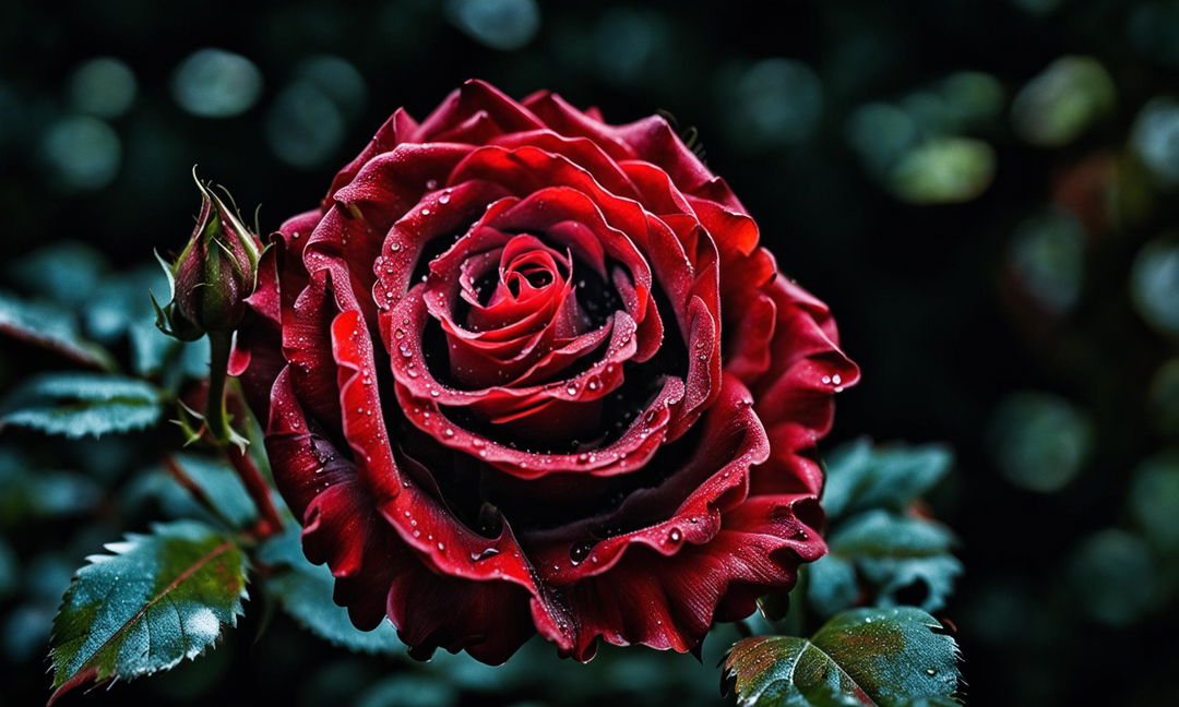 A vibrant red rose in full bloom stands out against a blurred green foliage background in a National Geographic-style photograph. Dew drops on petals sparkle in diffused sunlight.