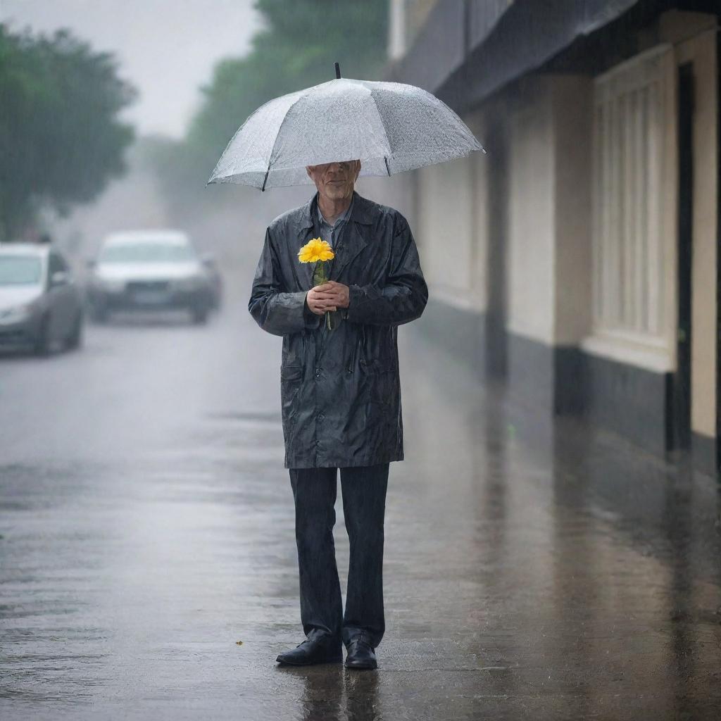 A patient man standing alone under a steady rain without an umbrella, clutching a single flower in his hand, waiting for his wife.