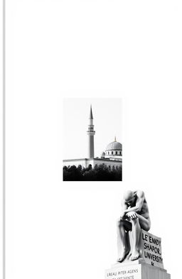 A minimalistic black and white book cover featuring three images: the ancient Agora of Athens, the minaret of Jondy Shapor University in Iran, and the statue of Le Penseur (The Thinker)