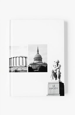 A minimalistic black and white book cover featuring three images: the ancient Agora of Athens, the minaret of Jondy Shapor University in Iran, and the statue of Le Penseur (The Thinker)