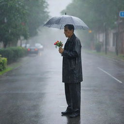 A patient man standing alone under a steady rain without an umbrella, clutching a single flower in his hand, waiting for his wife.