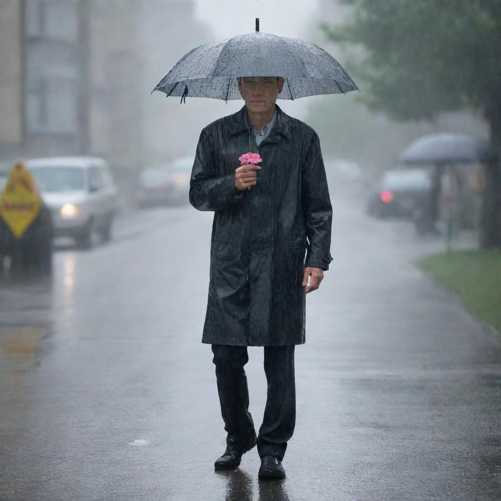 A patient man standing alone under a steady rain without an umbrella, clutching a single flower in his hand, waiting for his wife.