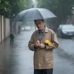 A patient man standing alone under a steady rain without an umbrella, clutching a single flower in his hand, waiting for his wife.