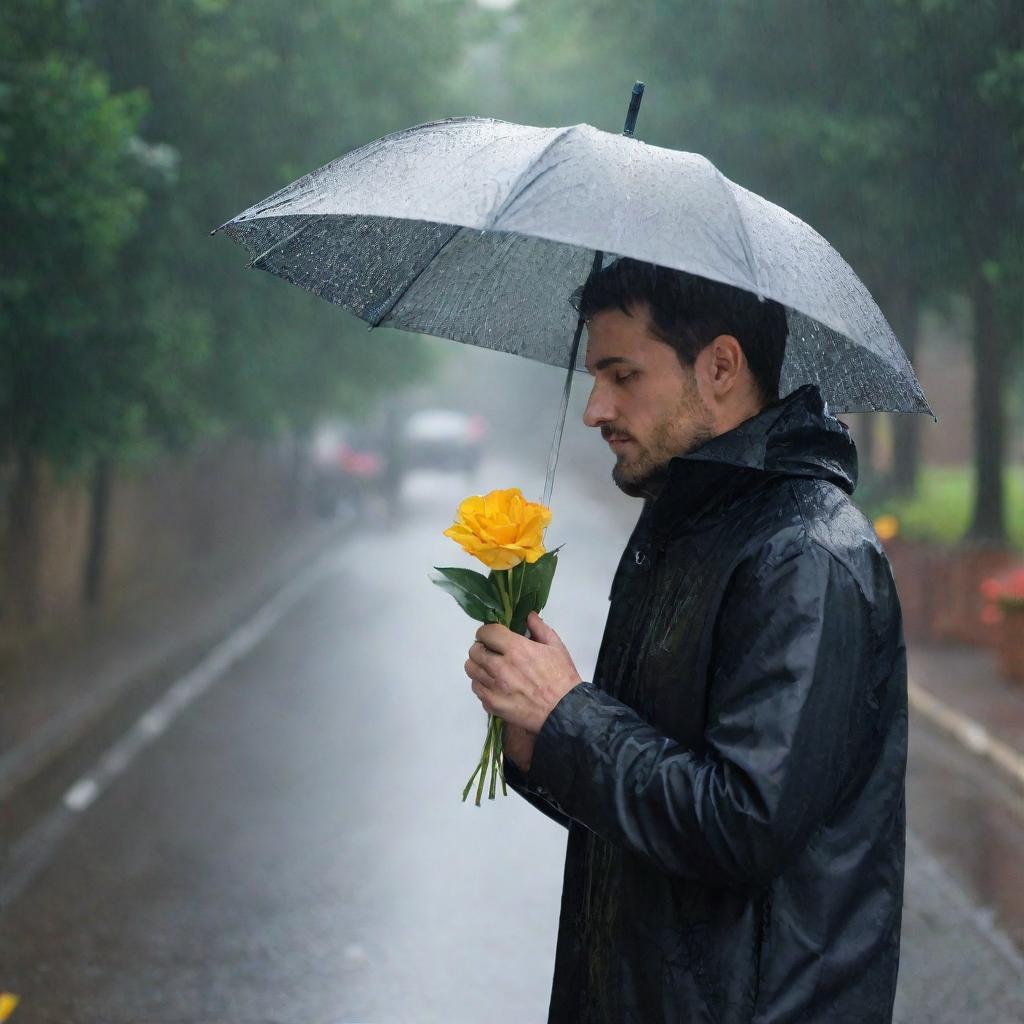 A man sheltering under the rain while waiting for his wife, holding a flower in his hand signifying his romantic anticipation.