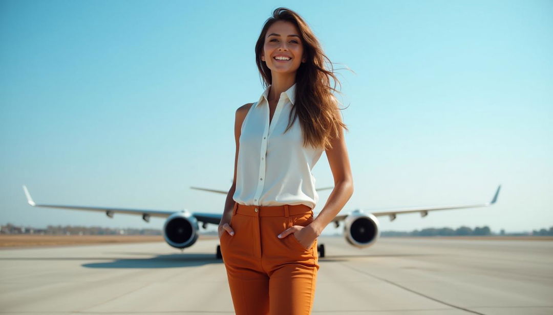 A beautiful woman standing confidently on an airplane runway, wearing a stylish and fashionable outfit