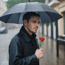 A man sheltering under the rain while waiting for his wife, holding a flower in his hand signifying his romantic anticipation.